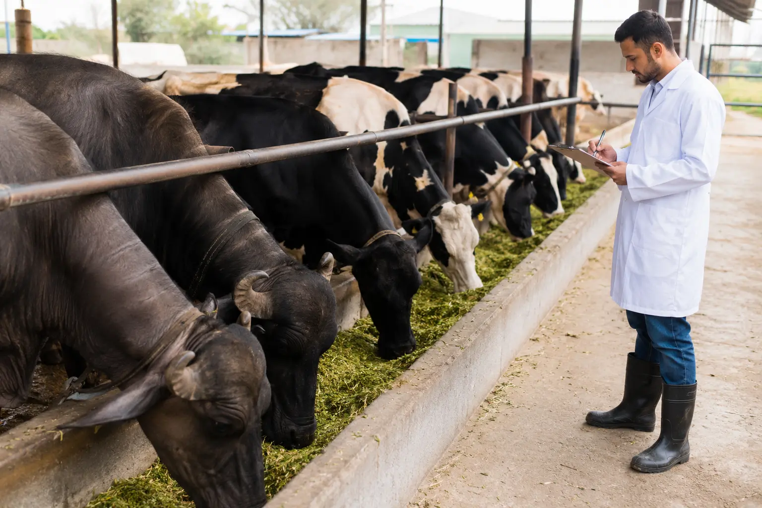 Dairy cow and buffalo eating forage beside a clean feed trough during a farm feeding check
