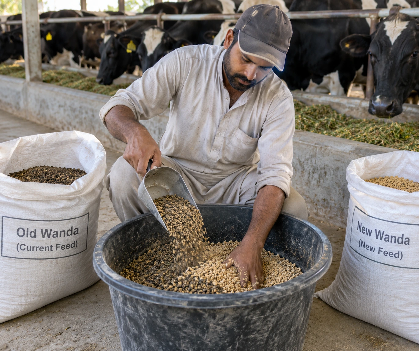 A farmer mixing new and old wanda together in a bucket during a gradual feed change