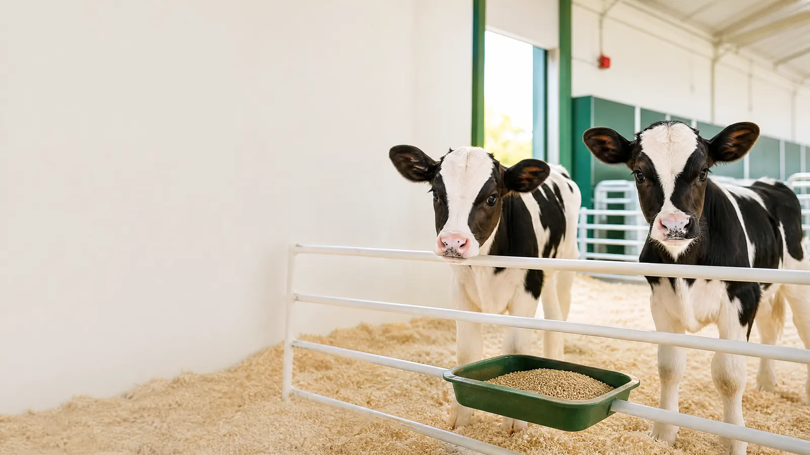 Young dairy calf standing beside fresh starter feed and clean water