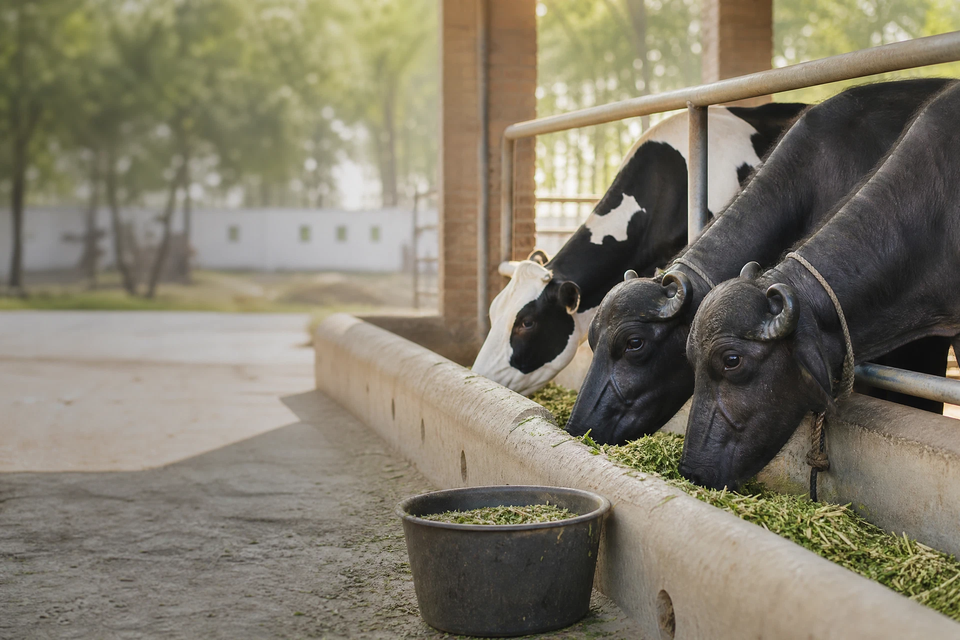 Dairy buffaloes and a dairy cow at a clean Punjab farm feeding line