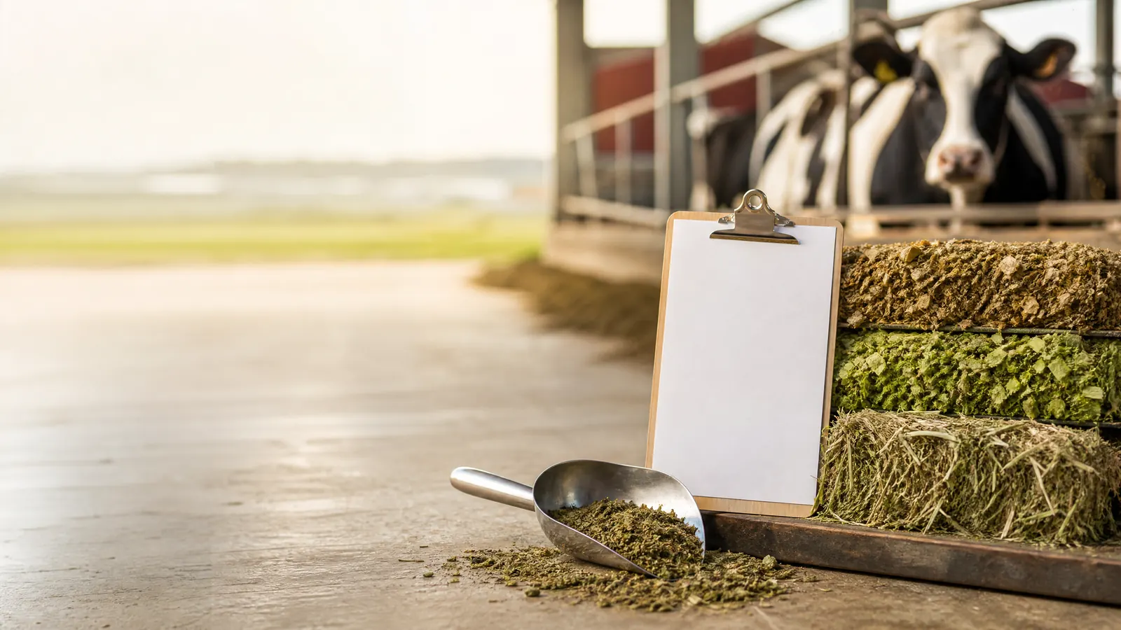 Farm worker recording forage and feed observations beside dairy cattle