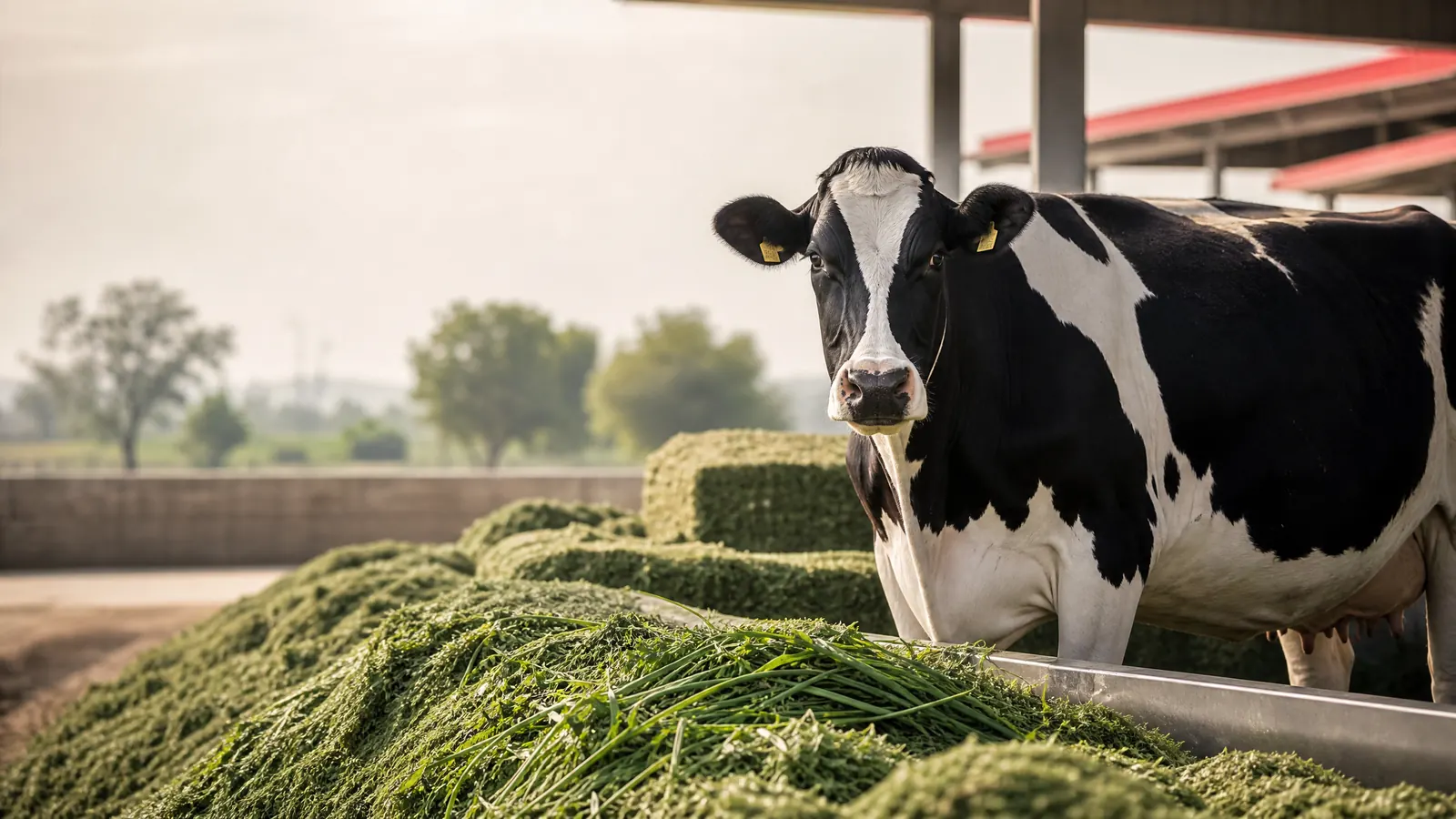 Dairy cows beside green forage at a clean modern livestock farm