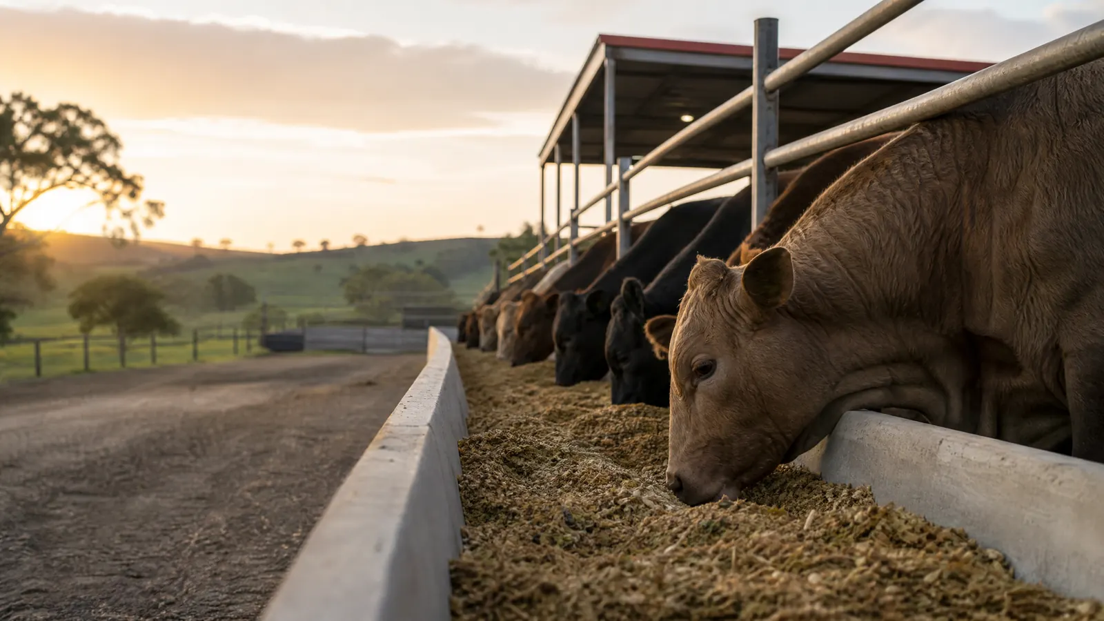 Healthy beef cattle at a feed bunk during a managed feeding routine