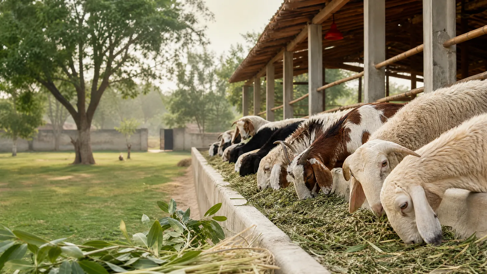 Goats and sheep feeding calmly in a clean covered livestock area