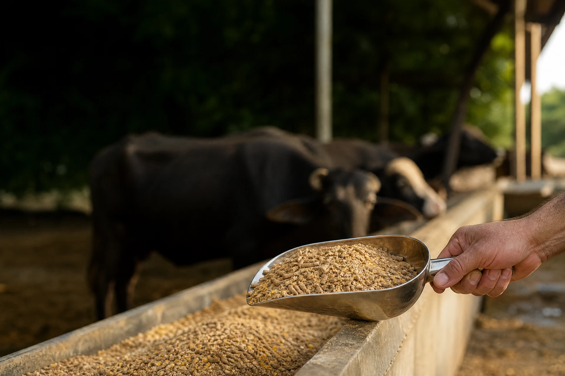 Generic cattle feed at a clean trough with dairy buffalo and cows on a Punjab farm